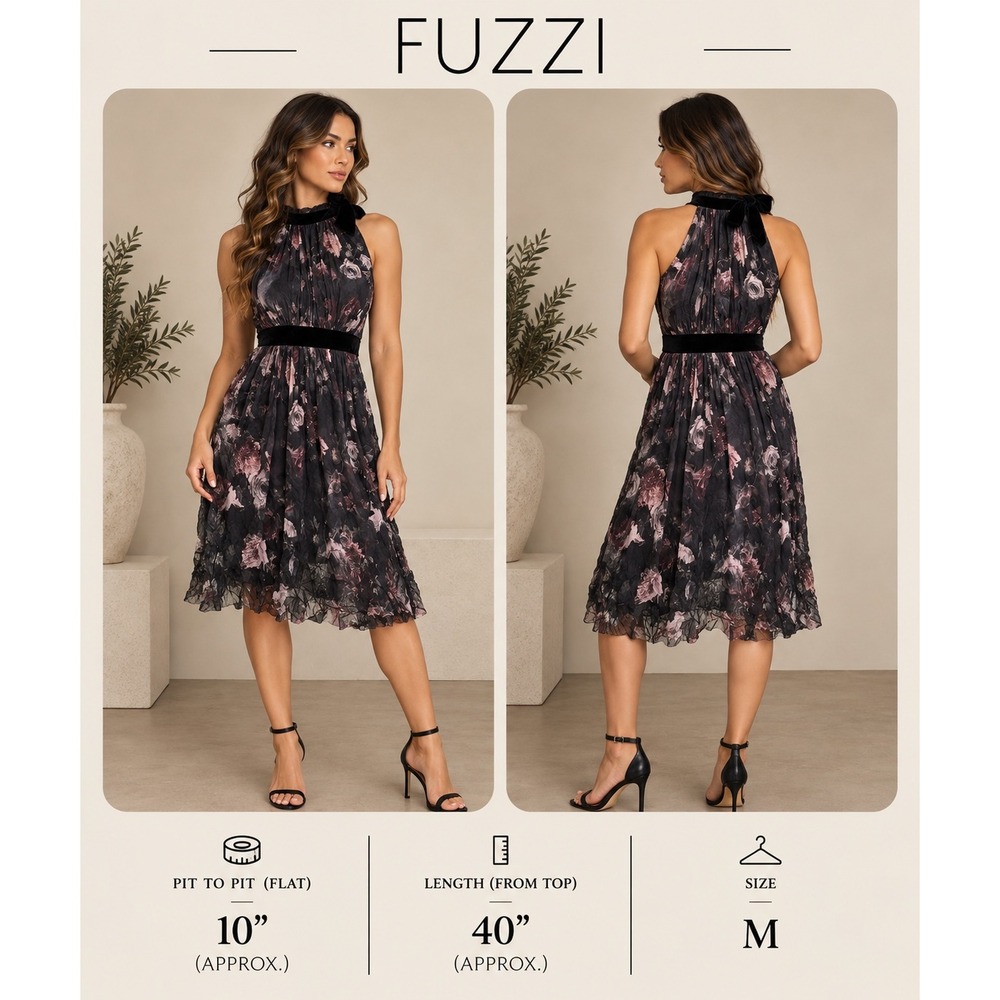 Fuzzi Italy Mesh Floral Halter Midi Dress Black Velvet Trim Size M Dark Romance